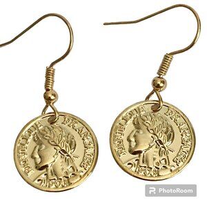 Vintage French Republique Faux Coin Earrings Dangle Gold Plated Wire France